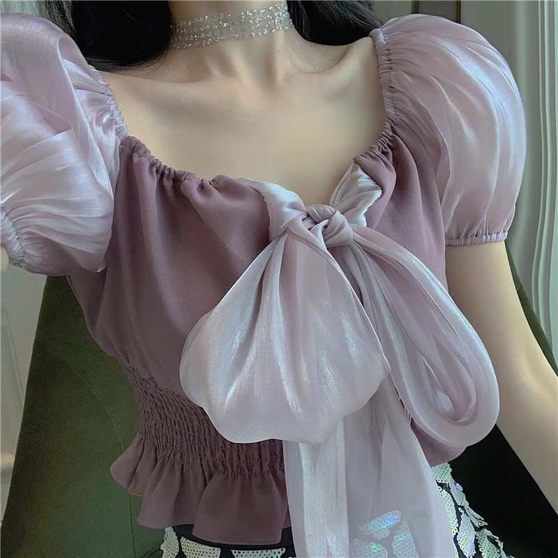 

Chic Women's Clothing Summer Puff Sleeve Blouses Bow Bandage Chiffon Tops Korean Style Fashion Brands Crop Top Women Shirts New