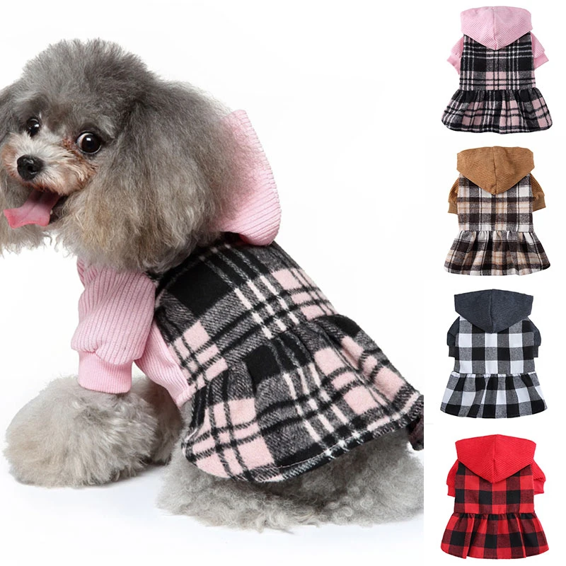 

Флисовые Толстовки для собак на осень и зиму, платье для домашних животных, кошек, собак, юбки, геометрический клетчатый принт, костюм для чи...