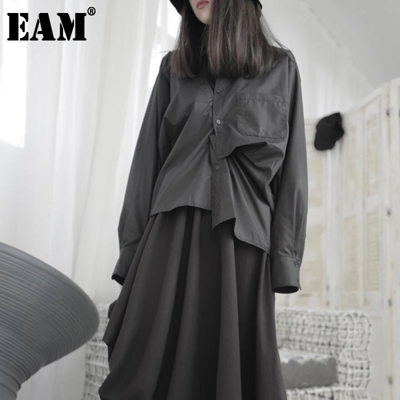 

[EAM] Женская Черная Асимметричная Длинная блузка большого размера, новая свободная рубашка с отворотом и длинным рукавом, модная весенне-осе...