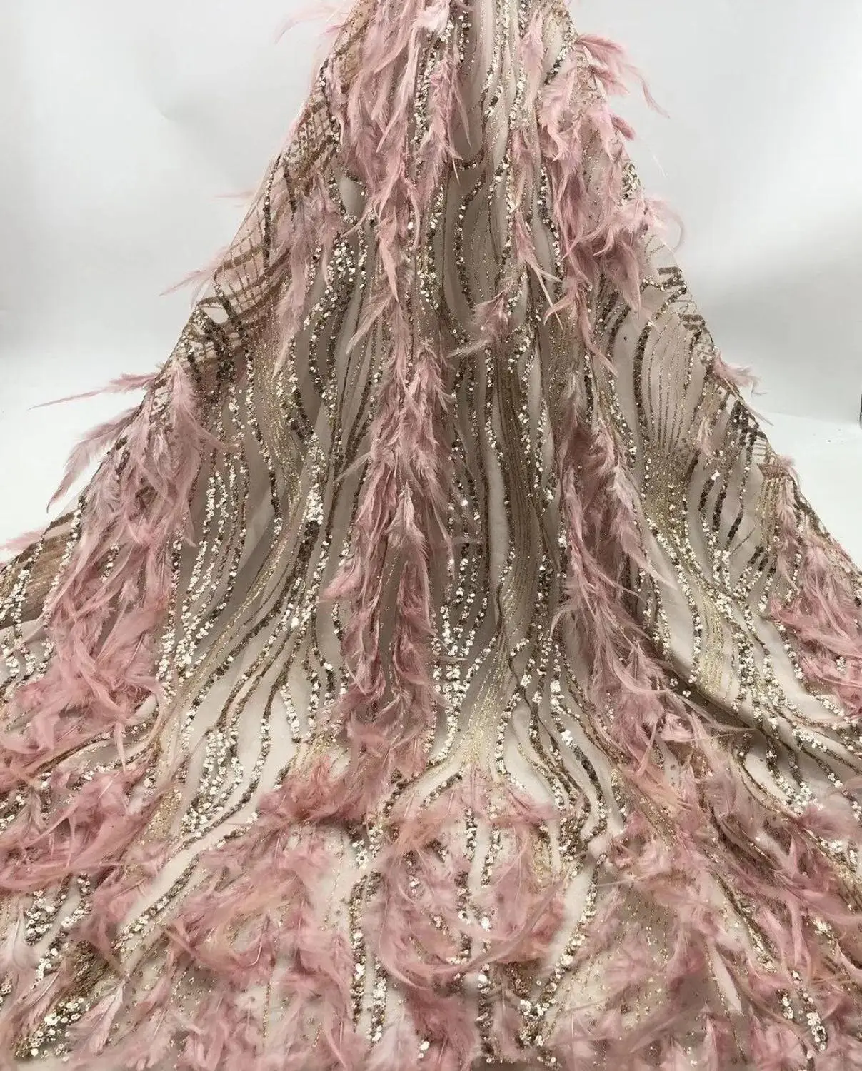 

special SYJ-109887 glued glitter african Tulle lace fabric french net lace fabric with feather