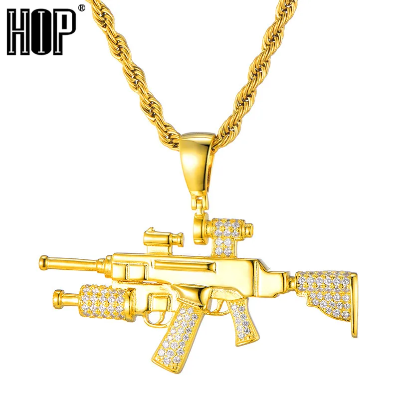 

Sniper Rifle Pendant Necklace Men Women Hip Hop Gold Color Iced Out Cubic Zircon Jewelry Necklace