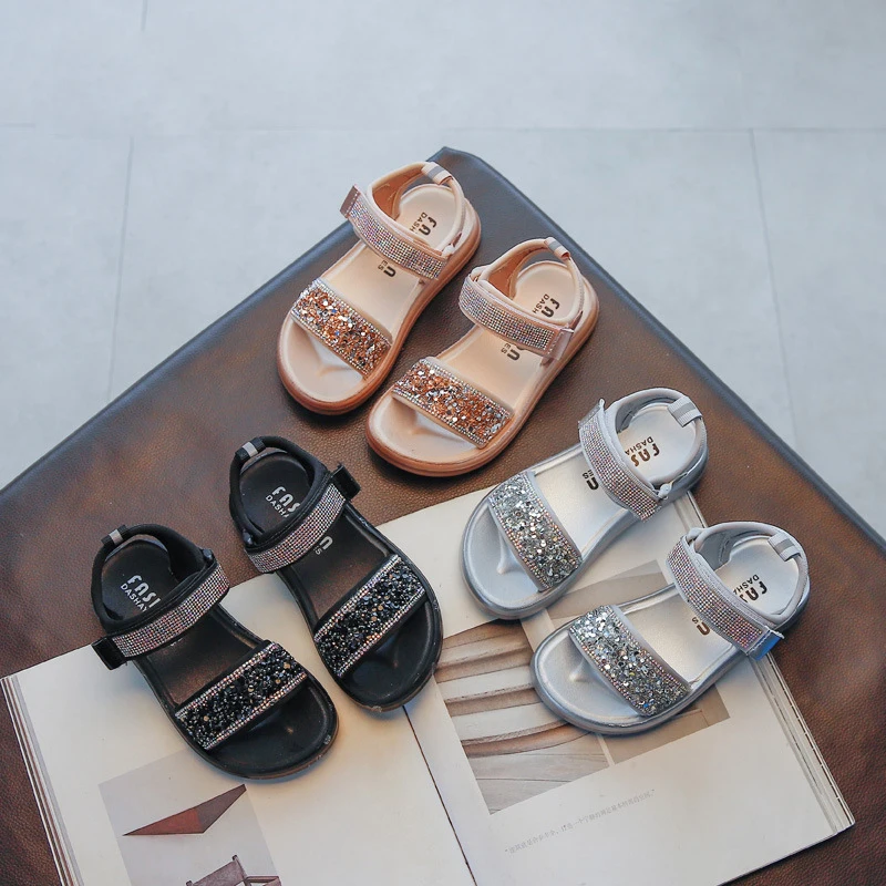 

Kids Flat Shoes For Little Girls Summer Sandals 2021 Beach For Children Shoe Girls Dress Fashion Rhinestone Sequins 3-12 Years