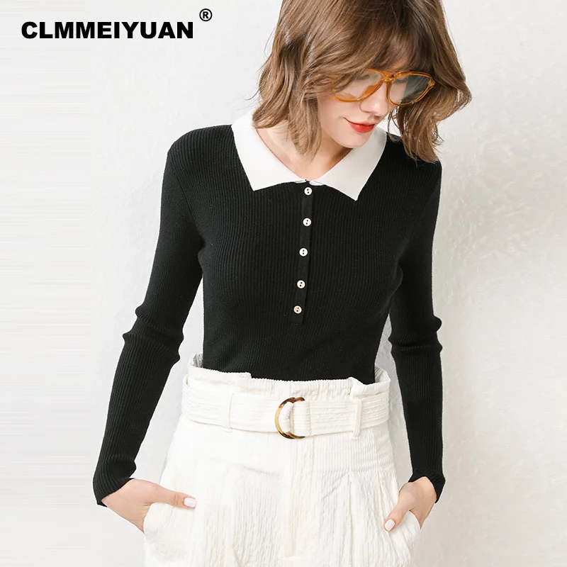 Элегантные женские свитера с воротником поло Осень-зима 2019 модные вязаные
