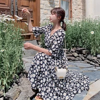2021 new v neck flower sexy slim personality wave point seven sleeve french womens dress elegant and fashionable long skirt