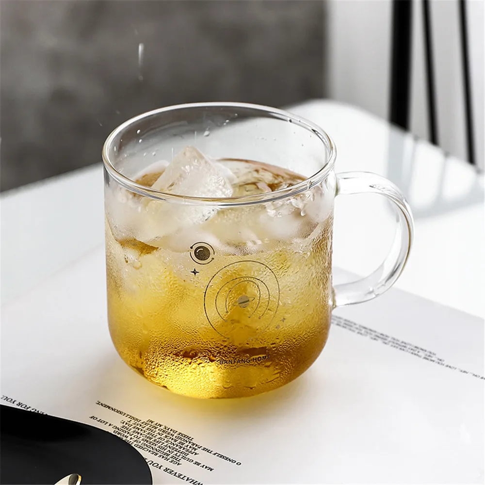 Chic Glass Mug Fish Planet Gold Printing Breakfast Milk Juice Coffee Cup Crystal Transparent Mugs Handle Drinkware Couple Gifts | Дом и сад