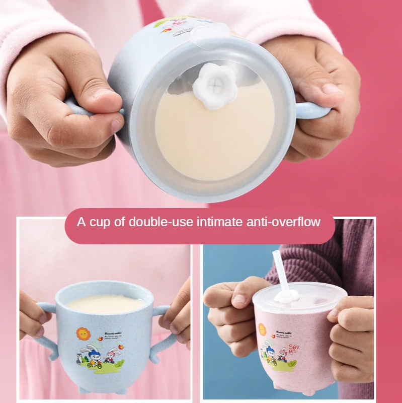 

Children's double ear water cup with lid straw cup Kindergarten water cup Home milk drinking cup kawaii water bottle