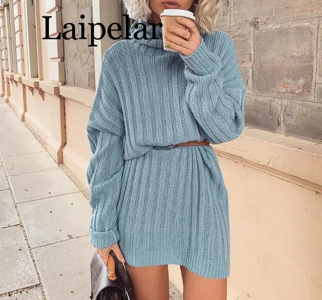 

Laipelar New Women Autumn Winter Knitted High Neck Pit Solid Color Loose Sweather Dress Warm Turtleneck Dresses