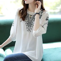 embroidered chiffon shirt womens early autumn new style three quarter sleeve high end shirt plus size loose top