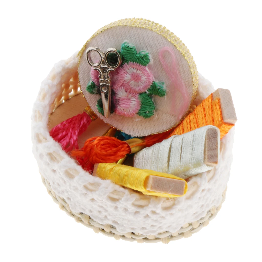

1/12 Dollhouse Bedroom Mini Embroidery Supplies Basket Toy Supplies Assembly