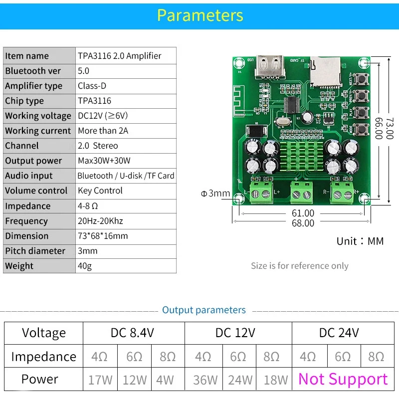 Плата усилителя мощности TPA3116D2 2-канальный модуль с поддержкой Bluetooth 5 0