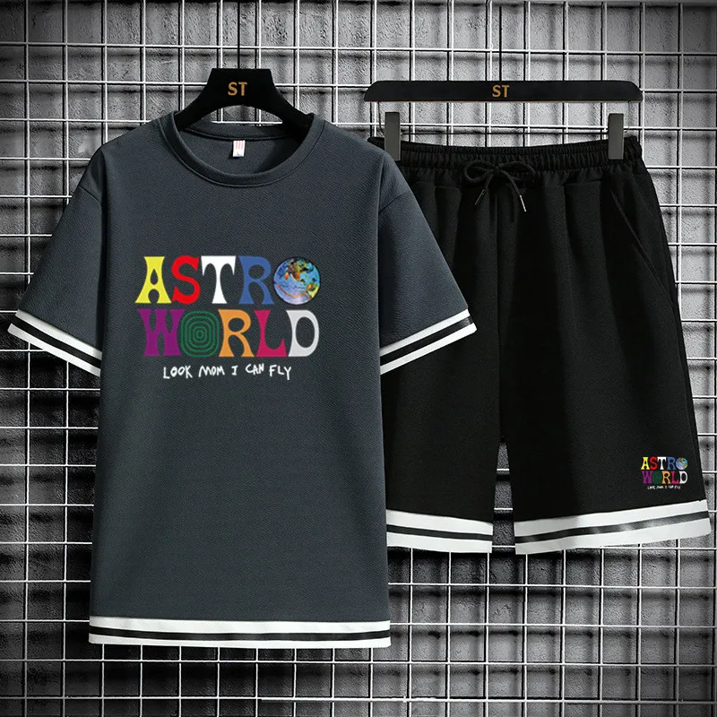 

2021 new ASTROWORL car LOGO men's short-sleeved hot sale printed T-shirt sports and leisure suit short-sleeve summer 2-piece set