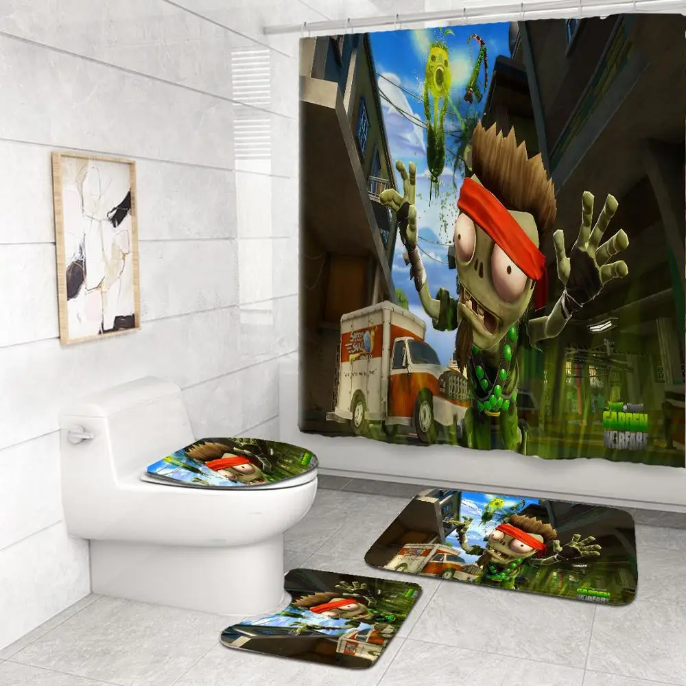 

Plants VS. Zombies Polyester Bath Curtain Set Cartoon Shower Curtain with Hooks Anti Slip Pedestal Rug Lid Toilet Cover 4 Piece