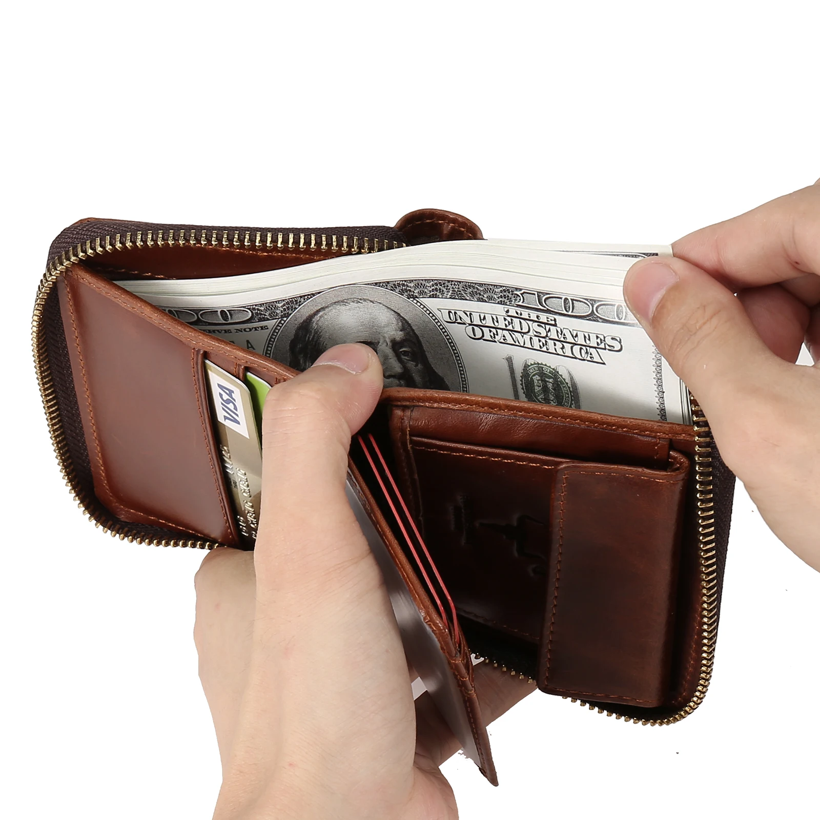 Mens Wallet With Zipper Genuine Leather Male Travel Purse Credit Card Holder Coin Pocket Big Capacity