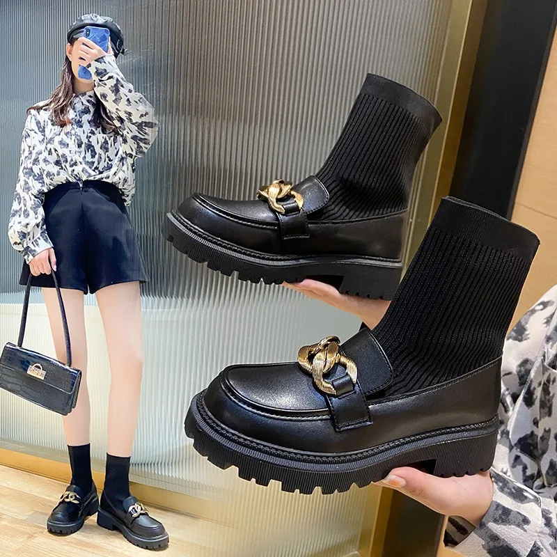 

Genuine Leather Sock Boots 2021 New Women Ankle Boots Chunky Heels Platform Round Toe Autumn Winter Female Classic Shoes Dress