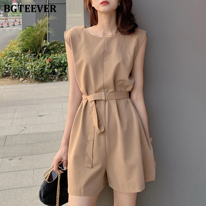 

BGTEEVER Vintage O neck Women Playsuit Romper Sleeveless Lace Up High Waist Female Jumpsuit Spring Summer Ladies Overalls 2020