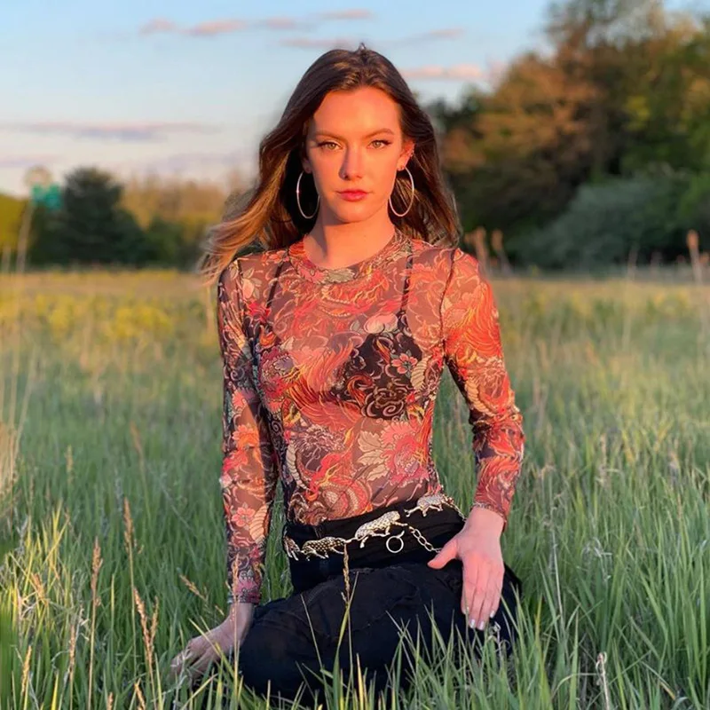 

Vintage Pattern Printed Bodysuit Women Bodycon 2021 Autumn Long Sleeve Skinny Pull-over Jumpsuit Rompers Casual Streetwear