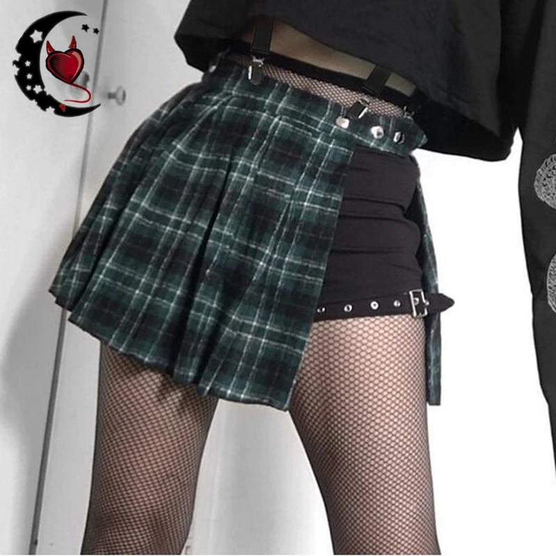 Женская плиссированная юбка Harajuku готическая Черная красная зеленая клетчатая с