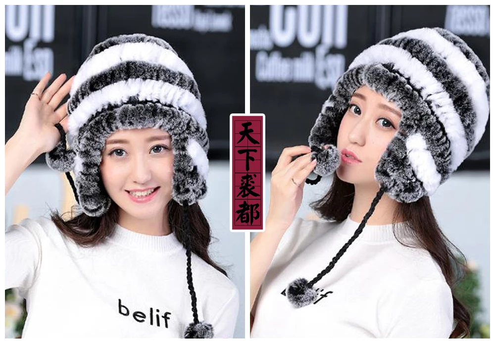 Lady Real Fur Earflap Hats Women Natural Rex Rabbit Fur Beanies Cap Russian Winter Warm Genuine Fur Hat Wholesale