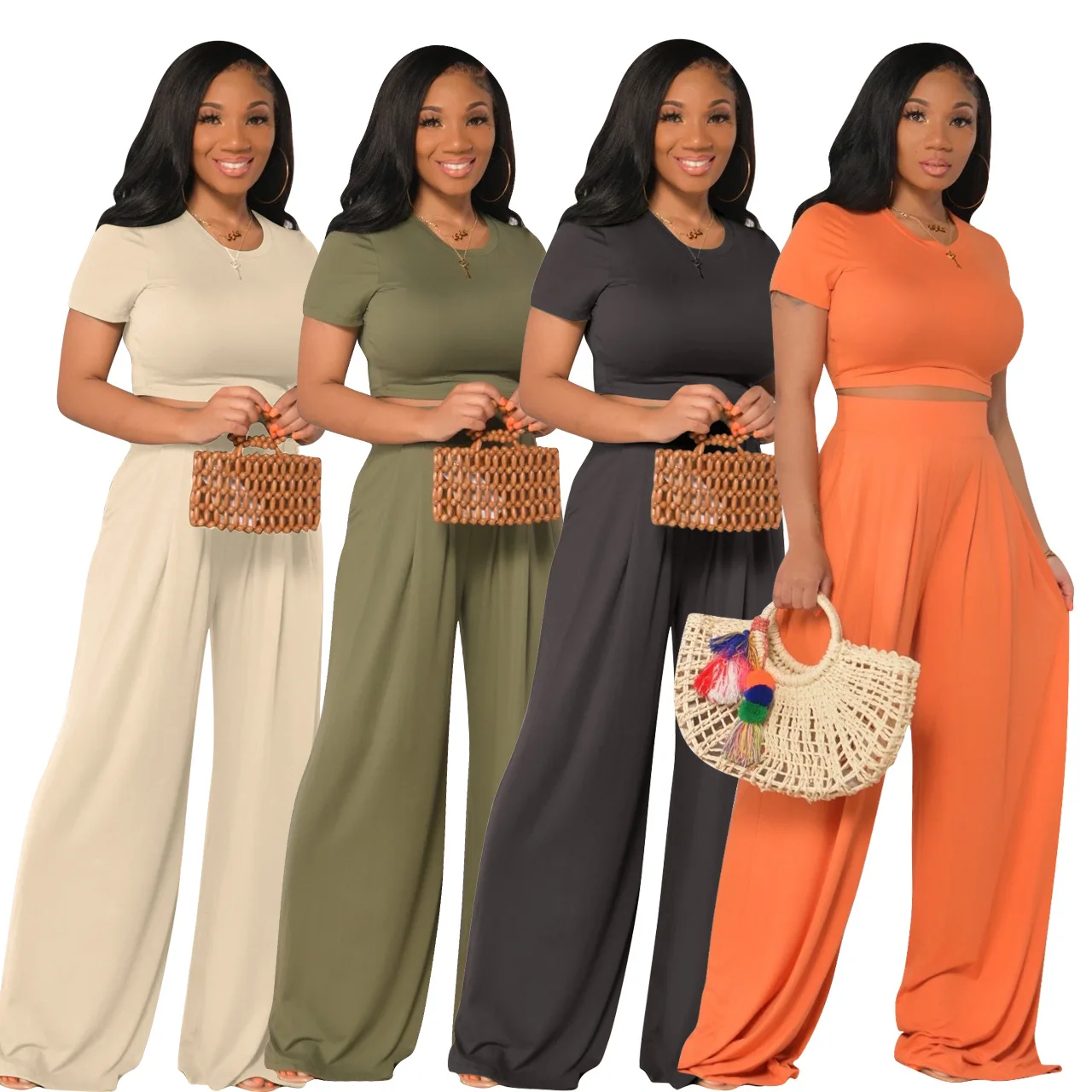 

S-2XL women summer 2021 two piece set fashion elegant business solid short sleeve top and wide leg pant Wholesale Dropshipping