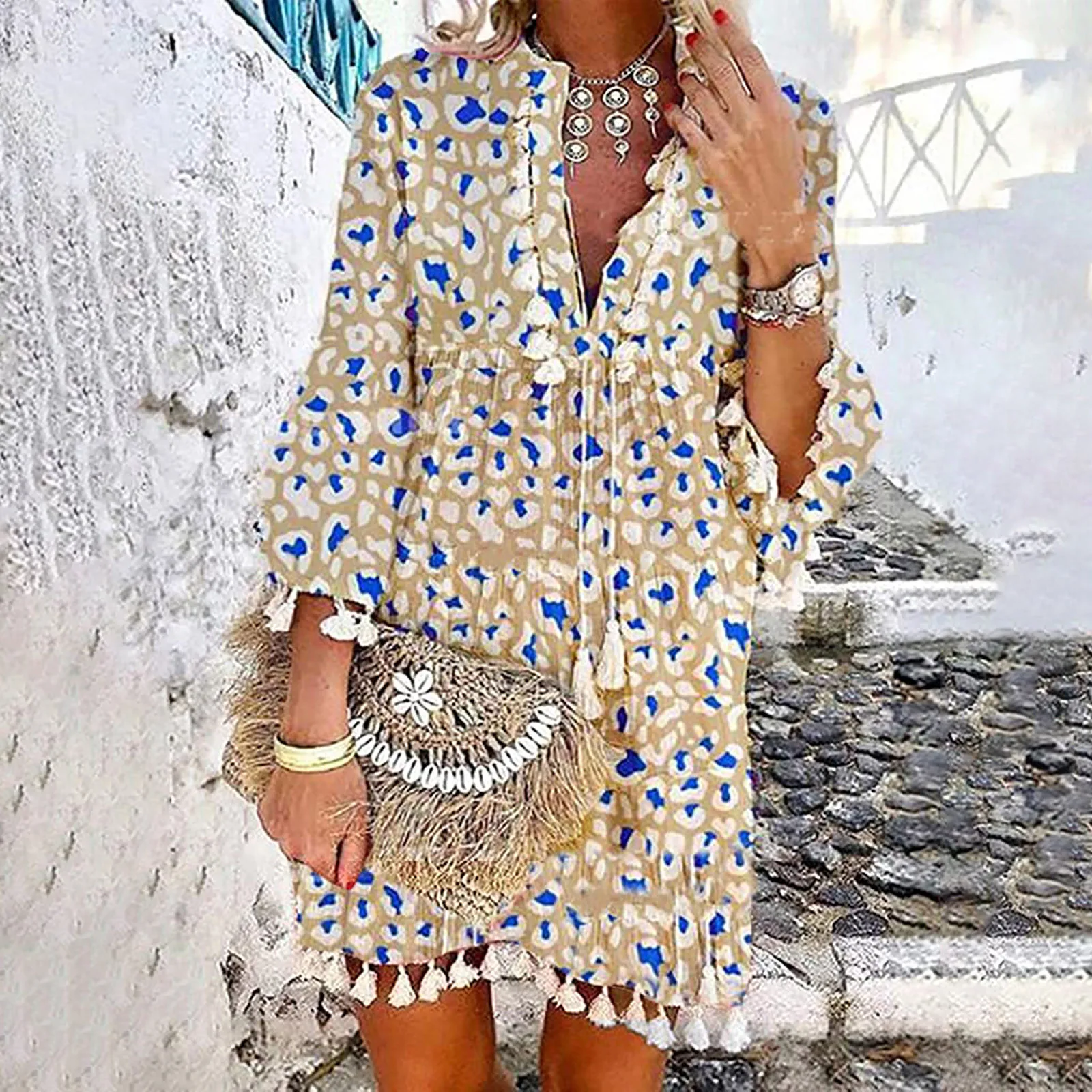 

Elegant Deep V-Neck Midi Dress Women Boho Style Print Tassle Long Sleeve Casual Loose Summer Beach Dress vestidos verano