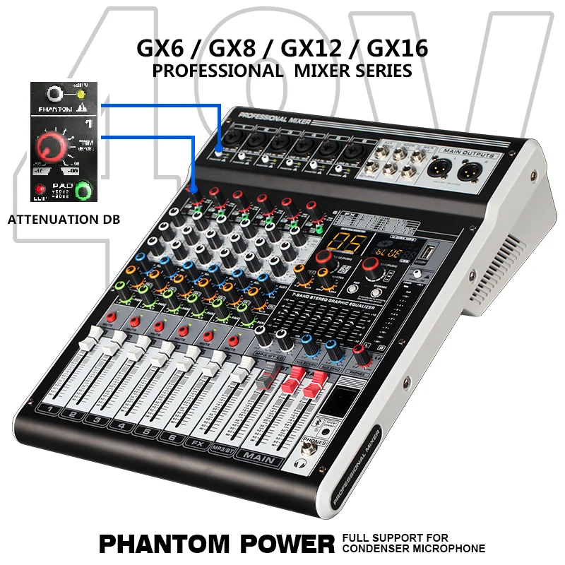 Аудиомикшер DJ USB Микшер GX6 6ch реверберация 16DSP 48В фантомный цифровой дисплей Bluetooth
