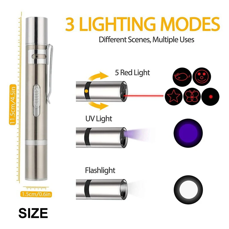 

2021 3 Modes Silver Stainless Steel Portable LED USB Laser Pen Multi-Pattern Style 3 In 1 Cat Pet Toy UV Flashlight Pet Supplies
