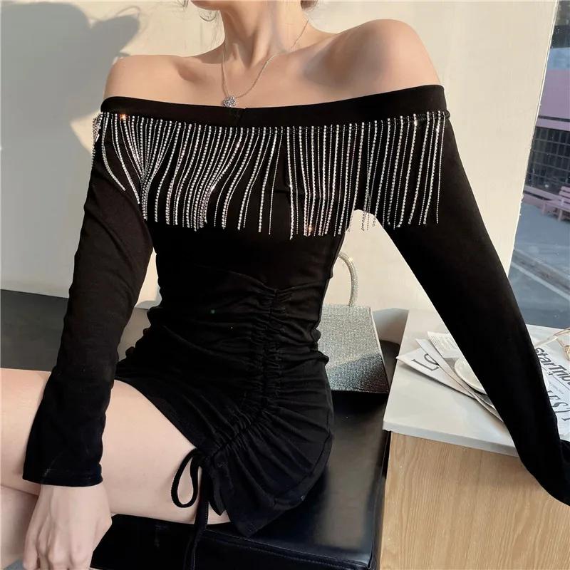 

Spring Sexy Evening Elegant Off Shoulder Tassel Dress For Women 2021 New Harry Style Office Long Sleeve Bodycon Short Dresses