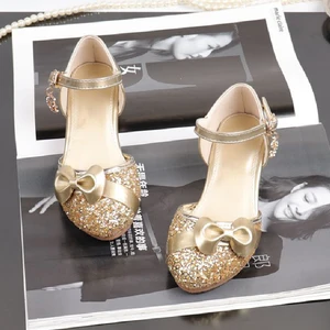 Блестящие золотые туфли для девочек, свадебные туфли для подружек невесты на каблуке, туфли мэри джейн для принцессы, модные детские кожаные туфли на плоской подошве с бантом