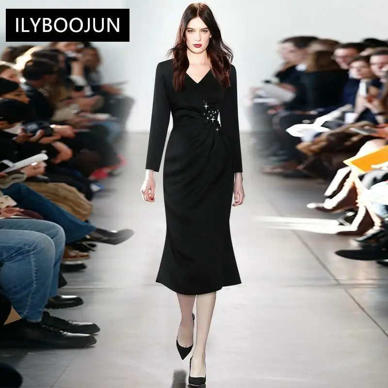 

Fashion Designer Autumn Black Dress Women V-Neck Long Sleeve Beading Embroidery Appliques Slim Midi Dress