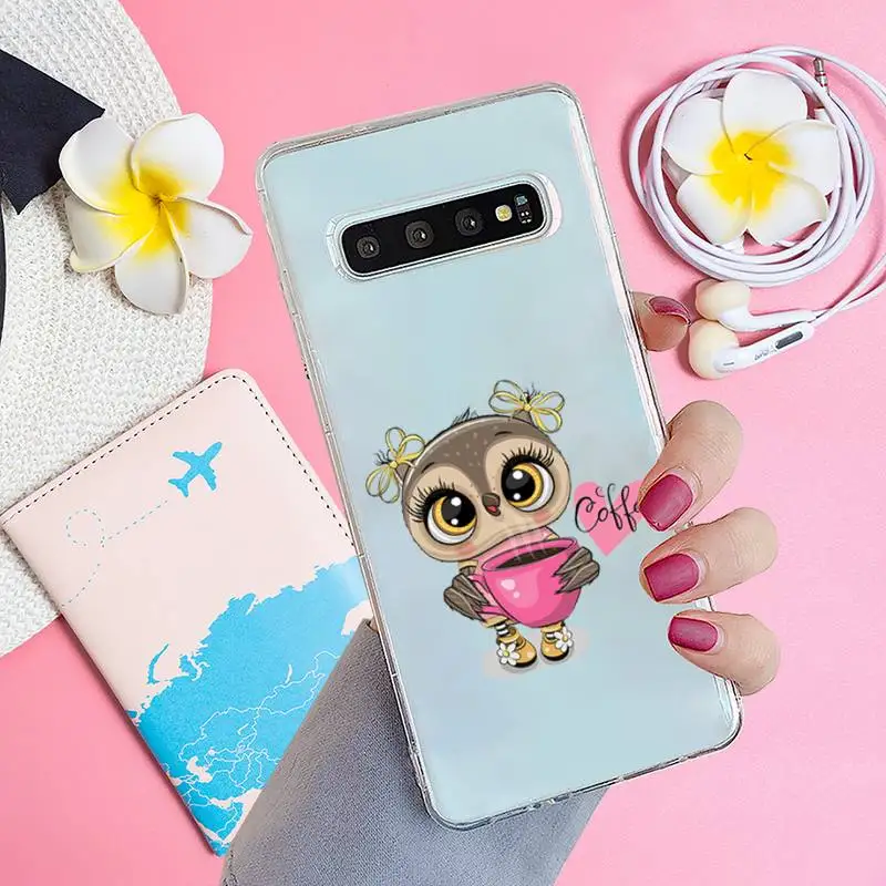 

Cute Owl Black Phone Case Transparent for samsung A 21s 50 71 S 8 9 20 20fe note 10 20 ultra plus