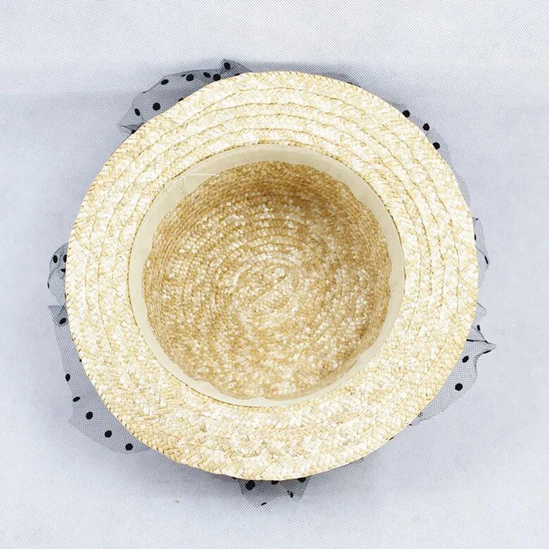 Женская соломенная шляпа от солнца черная в сеточку горошек с широкими полями