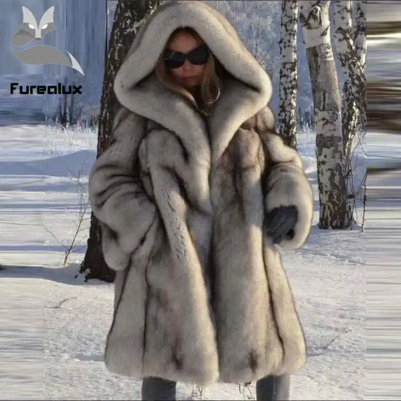 Blue fox Шуба из натурального Лисьего меха с капюшоном женская меховая куртка зима натуральный свободный воротник из лисьего меха теплая длинная Повседневная Верхняя одежда однотонная модная - Цвет: Blue fox