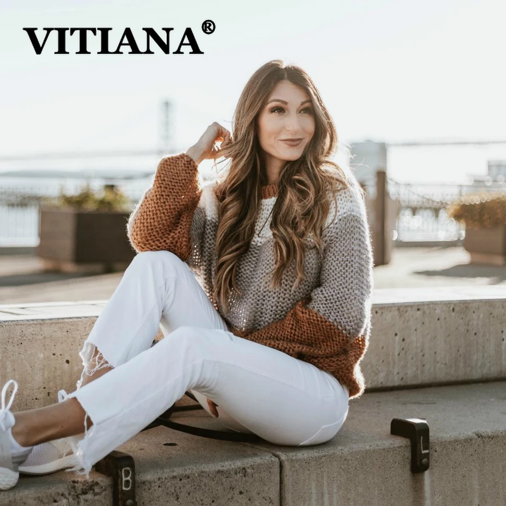 VITIANA Повседневный полосатый вязаный свитер для женщин 2019 осенние пуловеры с