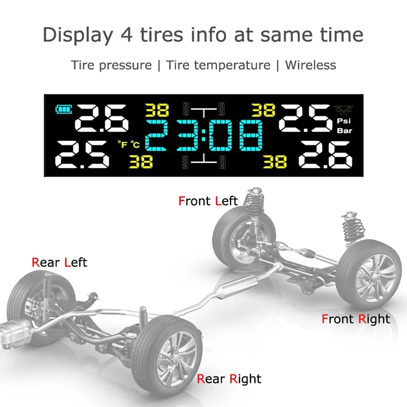 

Universal TPMS Wireless Tire Pressure Monitoring System Solar Power Clock LCD Display Tire Pressure Sensors