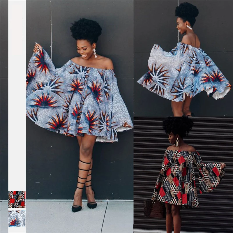 

Women African Clothes 2020 Brand Dashiki Print Shoulder Off Sexy Ruffle Sleeve Dress Party African Dresses Women Robe Africaine