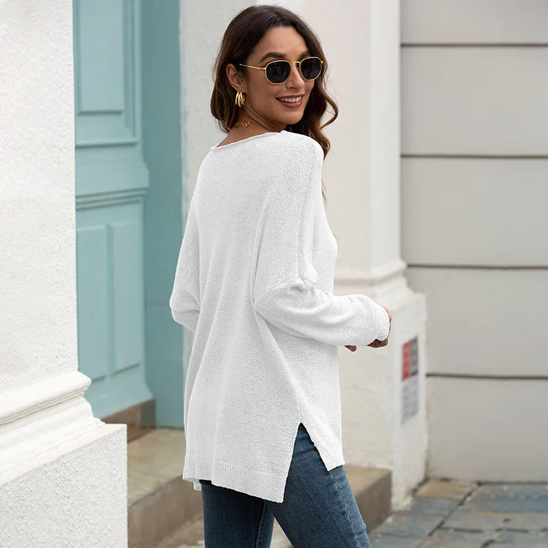 

Autumn Winter Thin Section Long Sleeve V-neck Knitted Sweater Ladies Loose Off-Shoulder Vent Pullover Women Grey Kobieta Swetry
