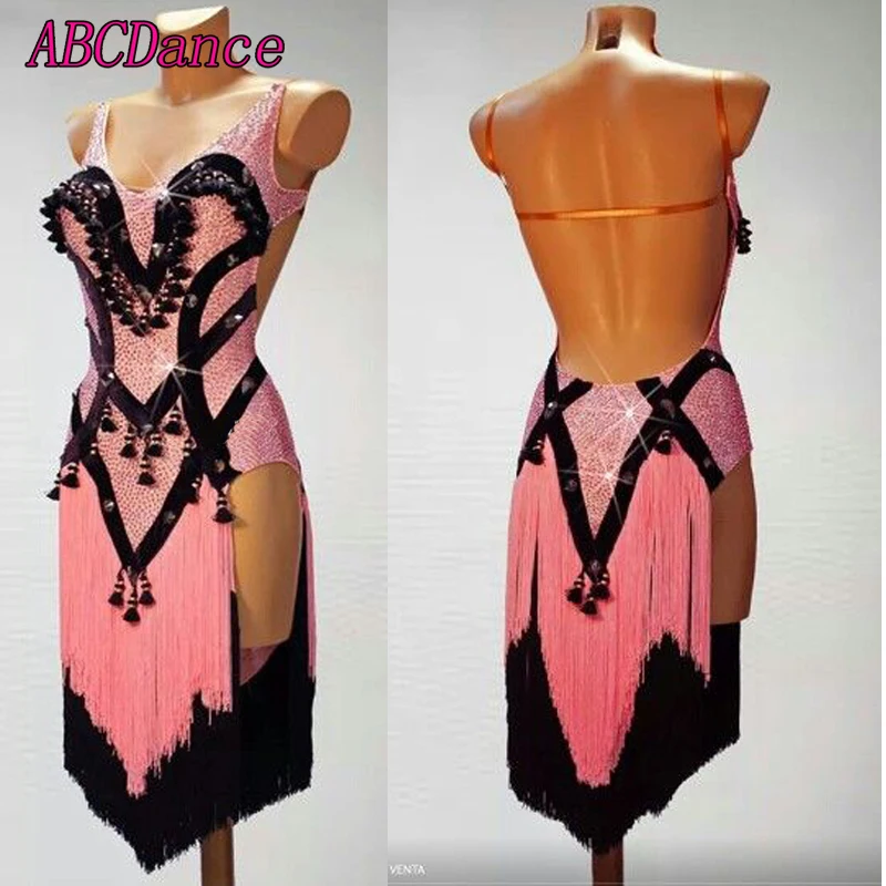 

New latin dance dress women Long sleeved side fork Sexy latin dance dress V-neck for Cha Cha Rumba Tango dancing Pink black