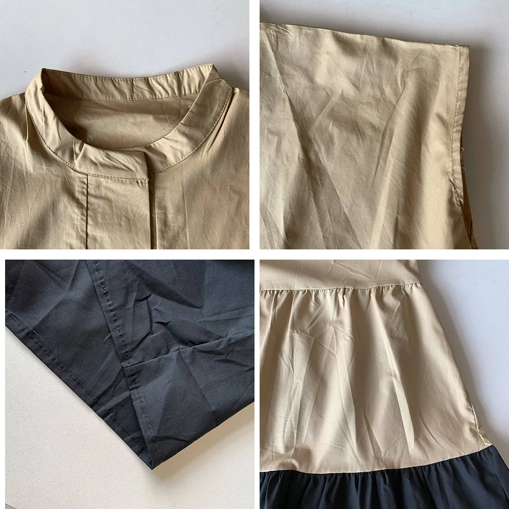 

2020 Summer Pleated Dress Stitching Short Sleeve Long Dresses Round Neck Pocket Loose Japanese Casual Women Maxi Dresses Khaki