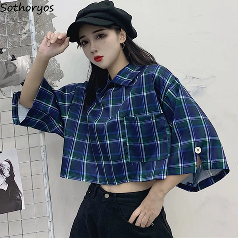 

Женские рубашки Ulzzang уличная одежда новый корейский стиль свободный рукав летучая мышь Повседневный квадратный воротник для девушек клетч...