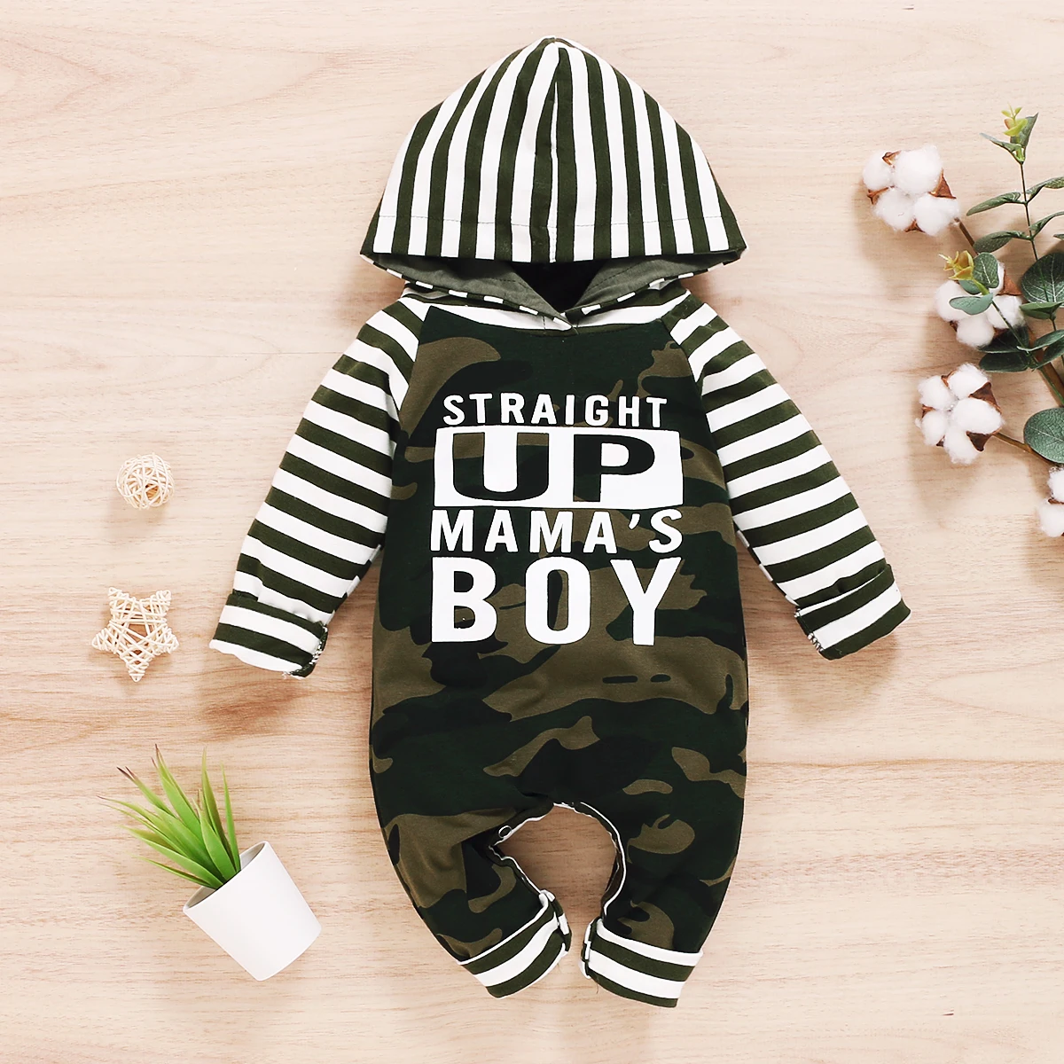 

Autumn Newborn Baby Boy Girl Camo Romper Striped Spring Long Sleeve Hooded Jumpsuit Baby Letter Rompers Outfits