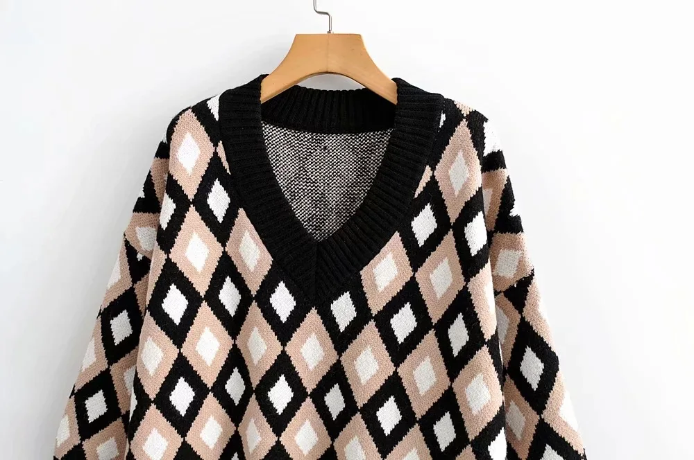 autumn winter fashion sweater pullover v neck women plaid oversize v-neck loose long sleeve school style ladies | Женская одежда