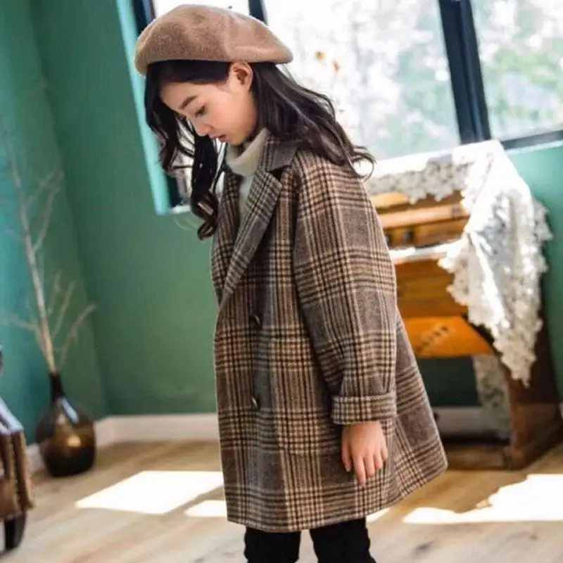 

Children's Woolen Coat Mid-length 2021 Autumn and Winter Models New Foreign-style Plaid Woolen Big Girls Suit Jacket Trend