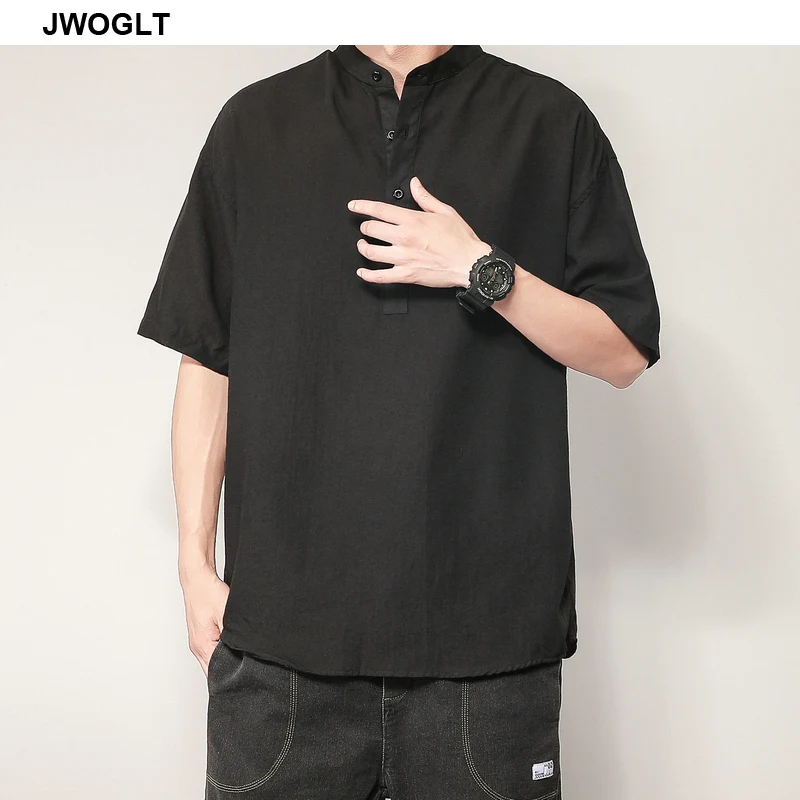 Японская мода летние рубашки повседневный короткий рукав хаки черный пуловер