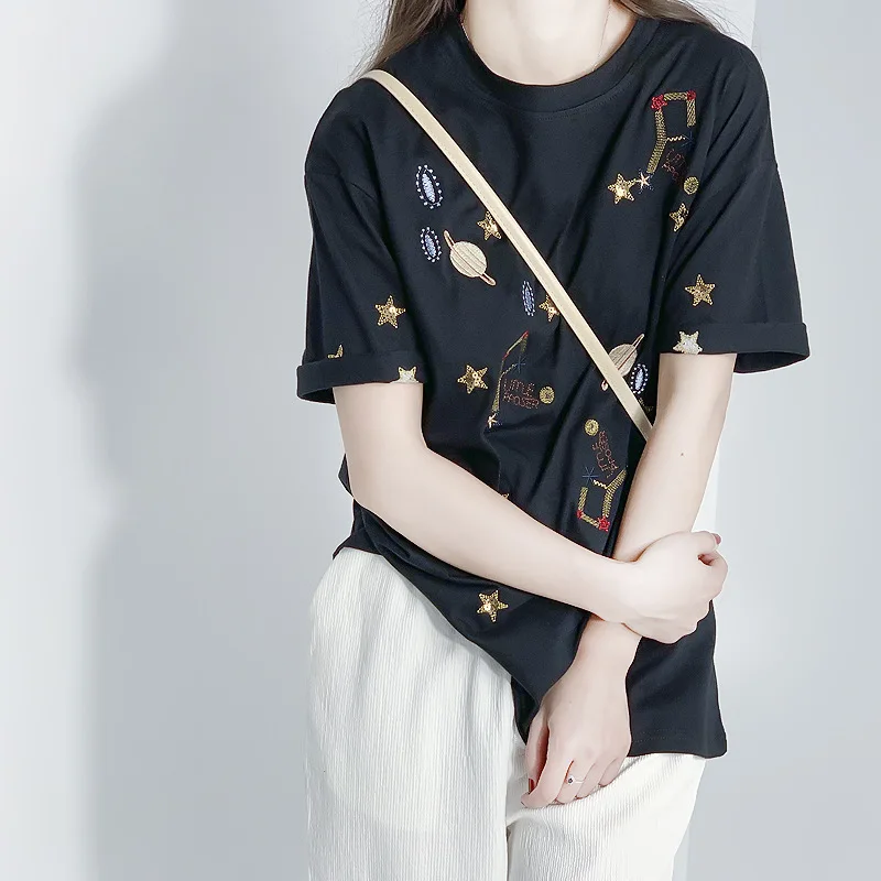 

New Fashion Cotton Loose T shirt Women Korean Summer Tops Embroidery Female T-shirt Short Sleeve Black Tee Shirt Femme