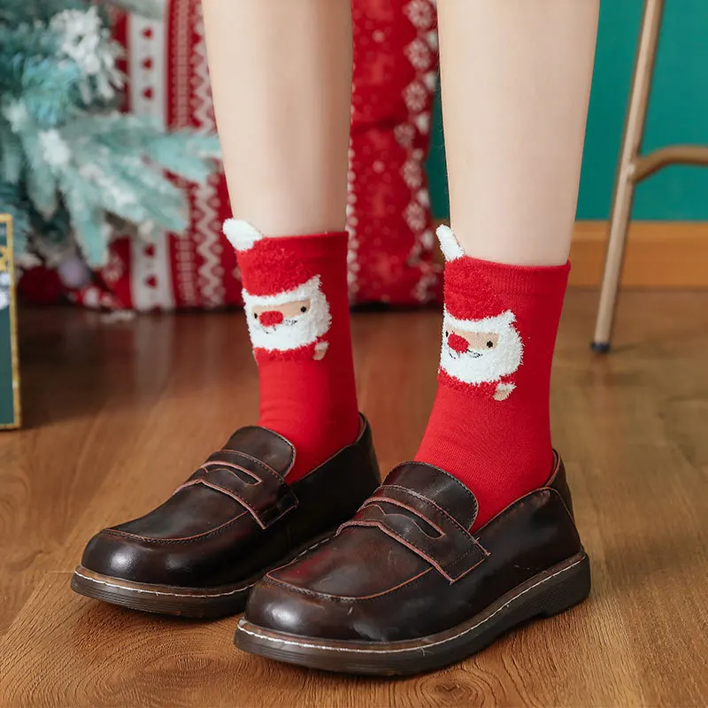 Cartoon Santa Claus Sock with Gift Boxes Ladies Christmas Stockings New Year's Festive Red Crew Christmas Gift Sock Women
