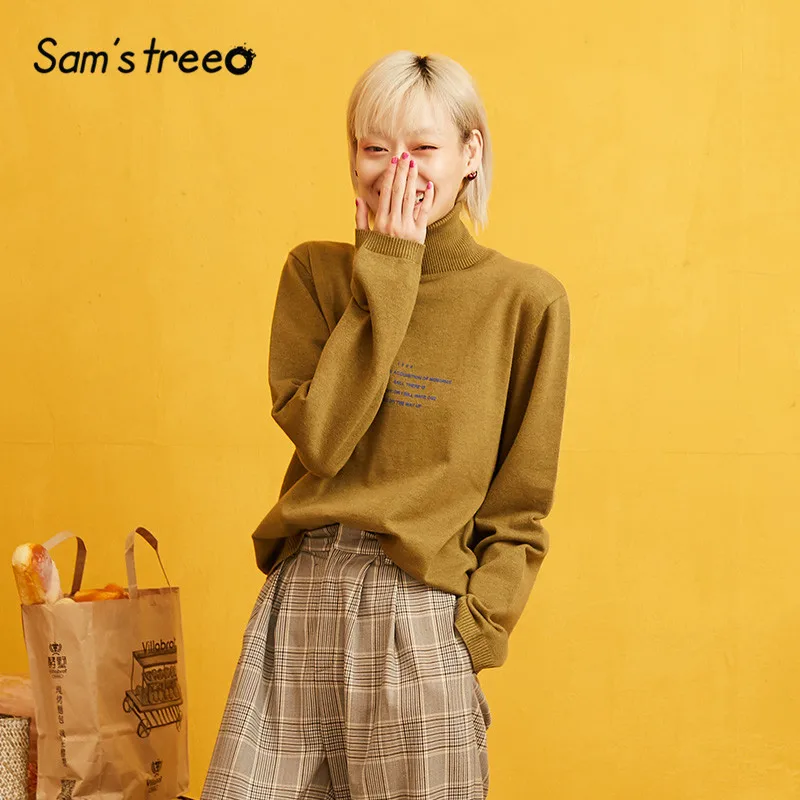 SAM'S TREE, однотонный пуловер с высоким воротом в минималистическом стиле, свитер для женщин, осень, длинный рукав, вязанный, Повседневный, для офиса, женские топы