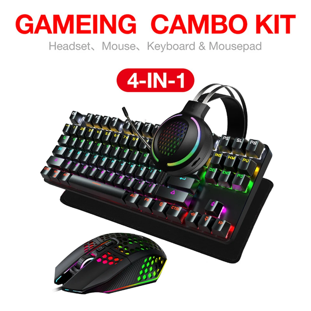 

Игровая клавиатура и мышь, комплект с гарнитурой 4 в 1, 7,1 USB наушники, коврик для мыши, набор механической клавиатуры для ПК, игр, розовый цвет