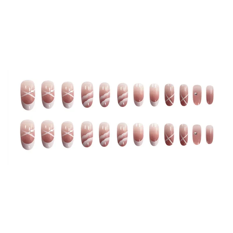 24pcs/Set Middle Long French False Nails Round Head White Line Rhinestone Artificial Manicure Nail Art Tool Full Tips with Glue | Красота и