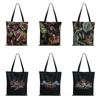 luxurious skull rose flower canvas bag for women high quality thick women tote bag eco foldable reusable handle shopper bag