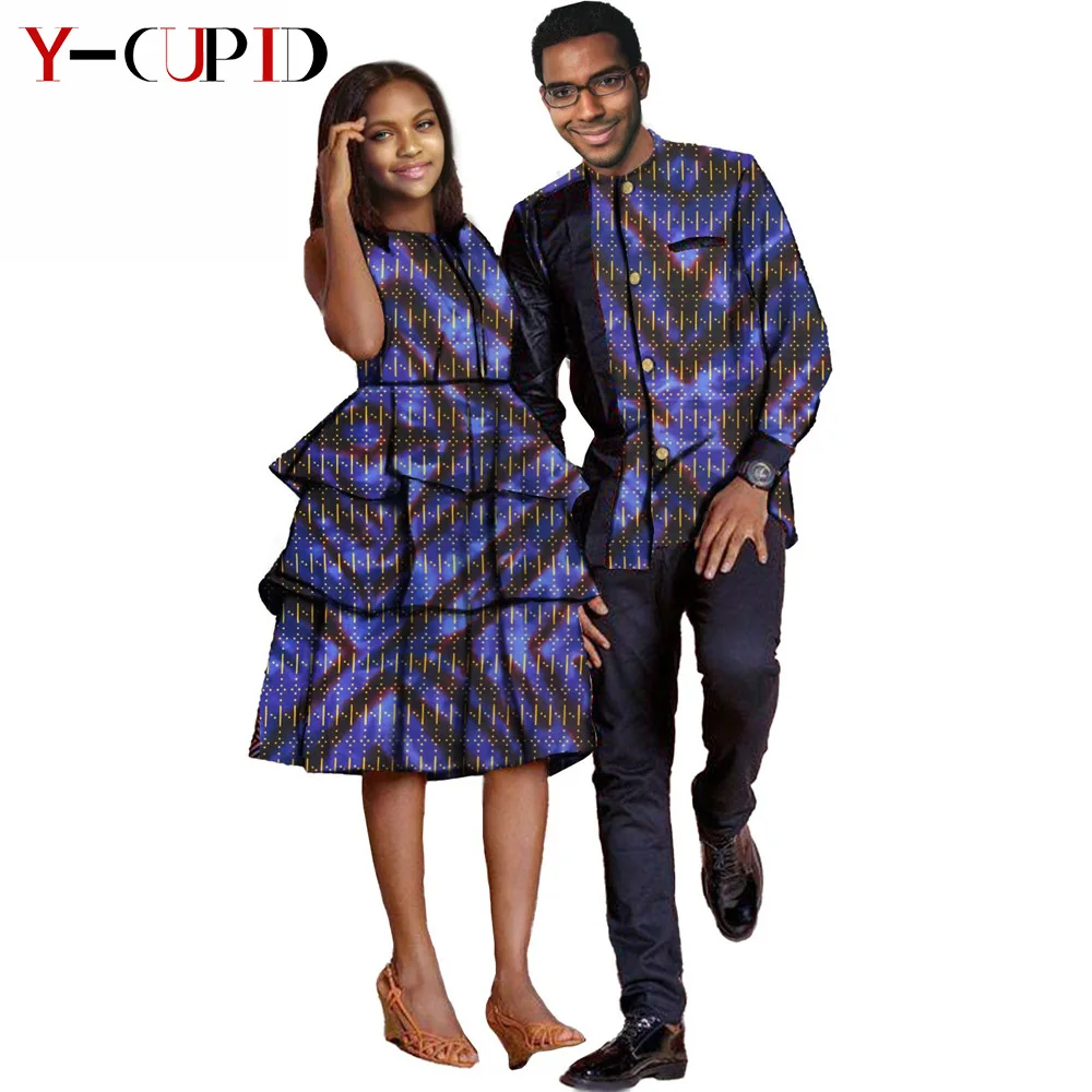 African Clothes for Couples Women Ankara Print Mulit Layer Dresses Matching Men Outfits Shirt and Pants 2 Pieces Sets Y21C006